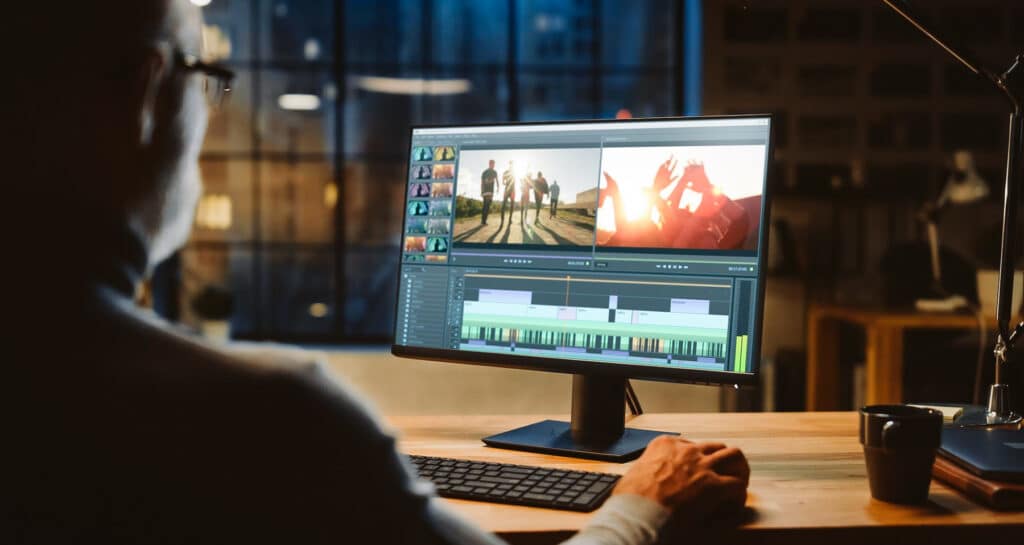 Documentary production team editing a finished film