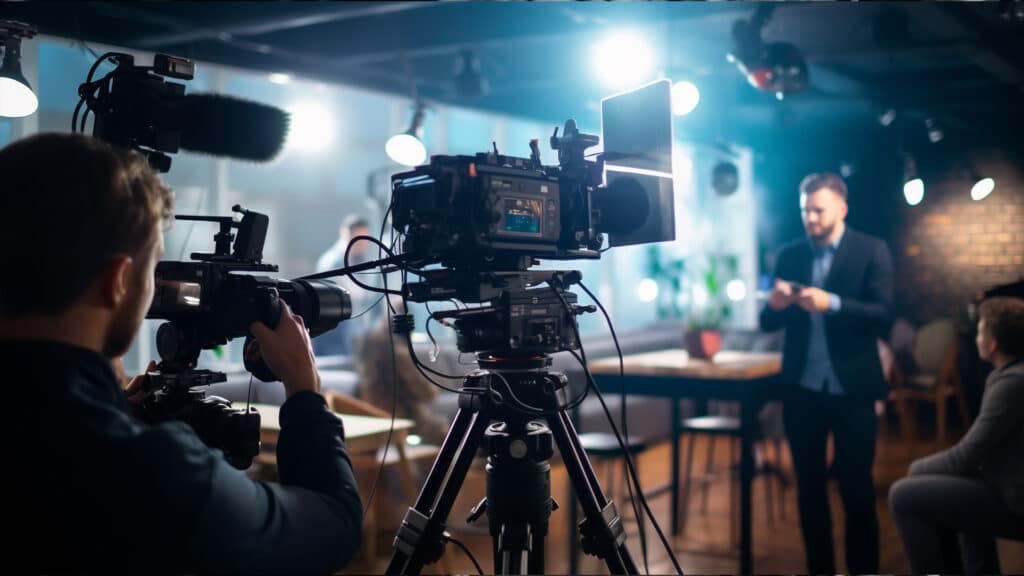 TV crew filming business interview in studio