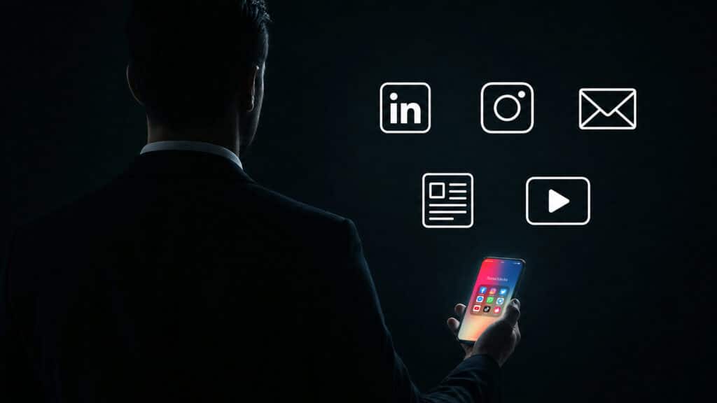 Entrepreneur reaching across LinkedIn, Instagram, blogs, and email