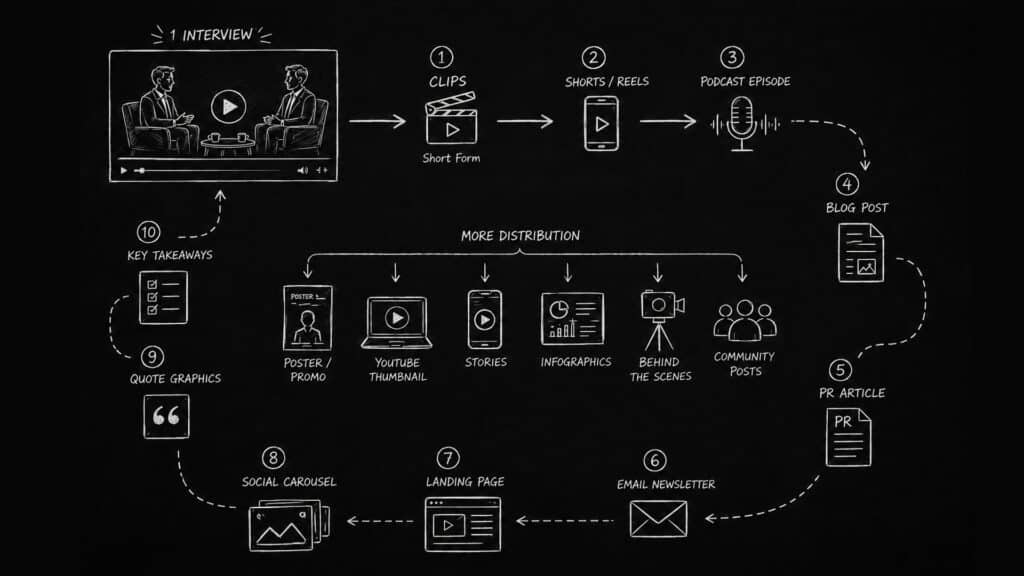 Visual flow showing one video interview breaking into clips, articles, quotes, and posts